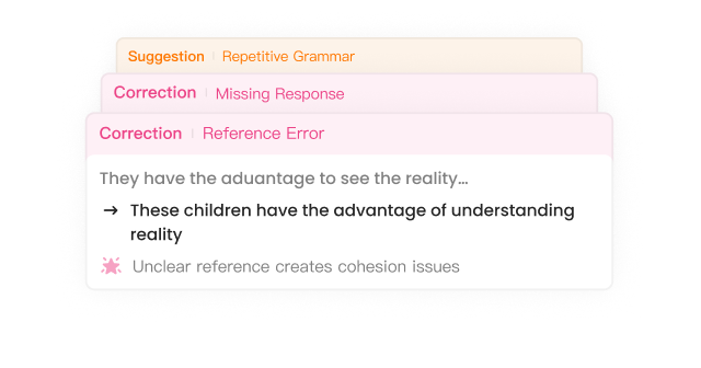 Detailed review showing correction cards with suggestions and corrections