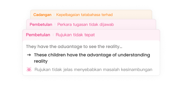 Detailed review showing correction cards with suggestions and corrections