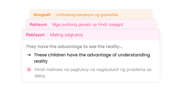 Detailed review showing correction cards with suggestions and corrections