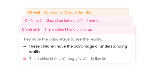 Detailed review showing correction cards with suggestions and corrections