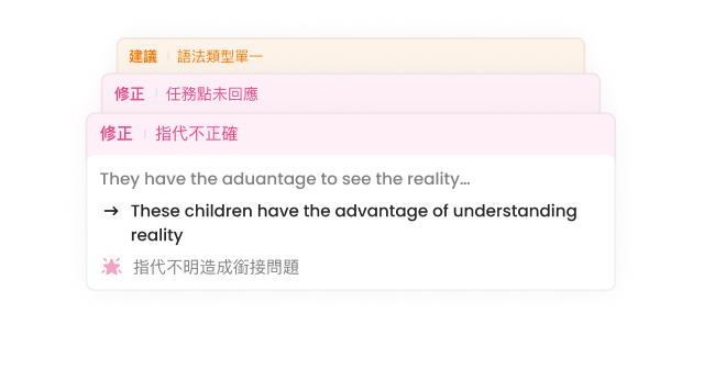 Detailed review showing correction cards with suggestions and corrections